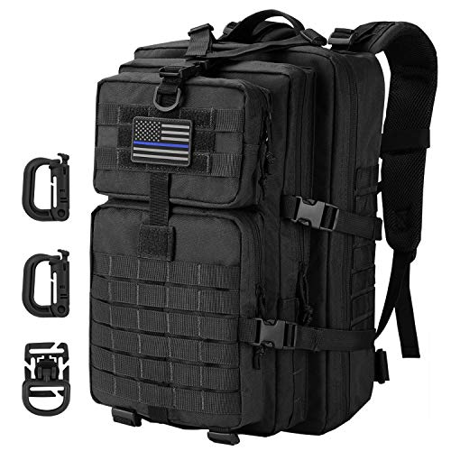 Hannibal Tactical 36L MOLLE Assault Backpack, Tactical Backpack Military Army Camping Rucksack, 3-Day Pack Trip w/USA Flag Patch, D-Rings, Black