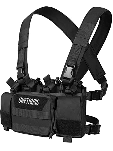 OneTigris Tactical Chest Rig with 5.56/7.62 Rifle Mag Pouches Pistol Mag Pouches and X Harness for Airsoft Shooting Wargame Paintball (Solid Black)