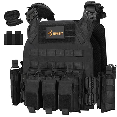 HUNTIT Tactical Vest Fully Adjustable Tactical Molle Vest Quick Release Airsoft Vest Military Weighted Vest with Utility Pouch (Black)