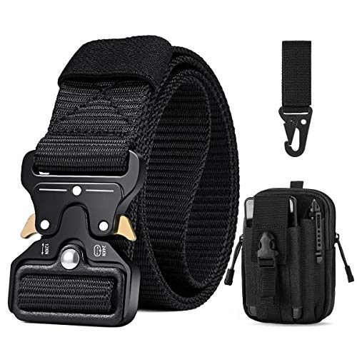 BESTKEE Men's Tactical Belt, 1.5 Inches Heavy Duty Military Style Buckle Belt, Gift with Tactical Molle Pouch and Hooks