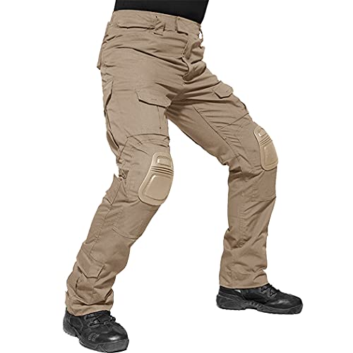 KEHAIOO Men Military Pants with Knee Pads, Airsoft Tactical Cargo Pants, Army Soldier Combat Paintball Trousers Khaki 32