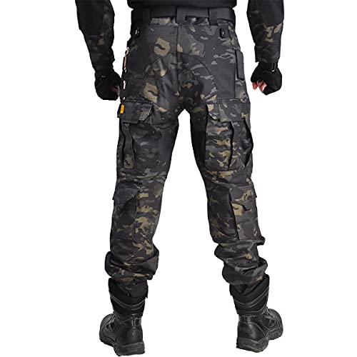 HAN·WILD Combat Pants Tactical Pant with Knee Pads Multicam Rip-Stop Trousers Airsoft Hunting Pants Black Camo