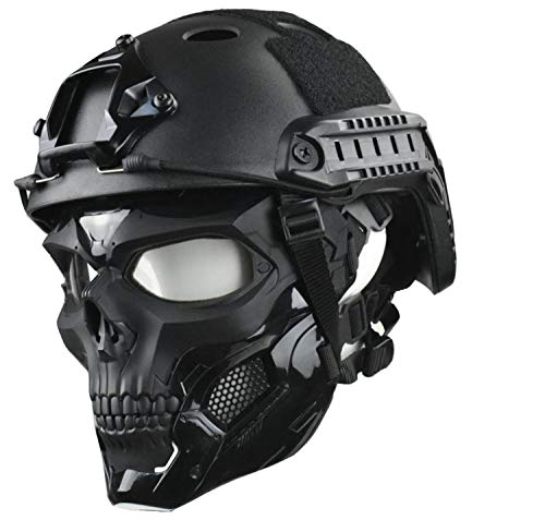JFFCESTORE Tactical Mask and Fast Helmet,Protective Full Face Clear Goggle Skull mask Dual Mode Wearing Design, Adjustable Helmet Chin Strap Large Size for Adult (Mask+Helmet Black)
