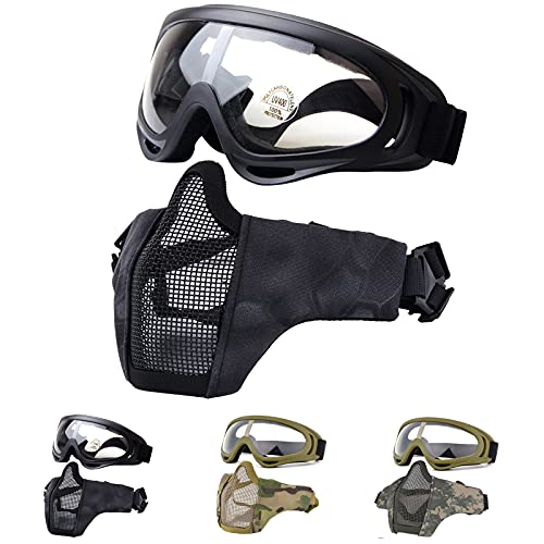 Fansport Airsoft Mask Tactical Goggles Set, Lower Half Face Mesh Masks Foldable Steel mesh mask Airsoft Protective Mask with Goggles Set for Hunting, Shooting, Paintball (Black)