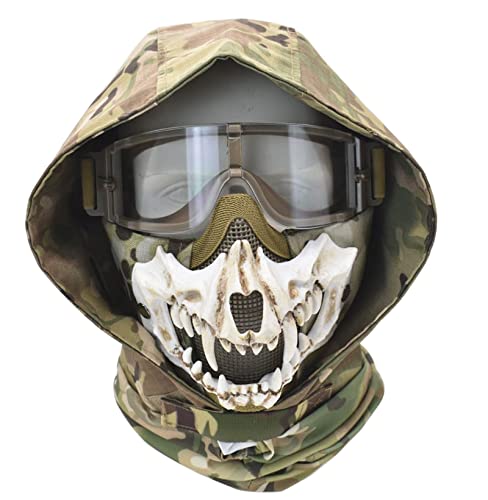 JFFCESTORE Ear Protection Mask Fangs Tactical Half Face Airsoft Mask with Goggles and Headgear Hoods Protective Paintball Headgear Mask Tactical Lower Face Protective (Cp/White Teeth)