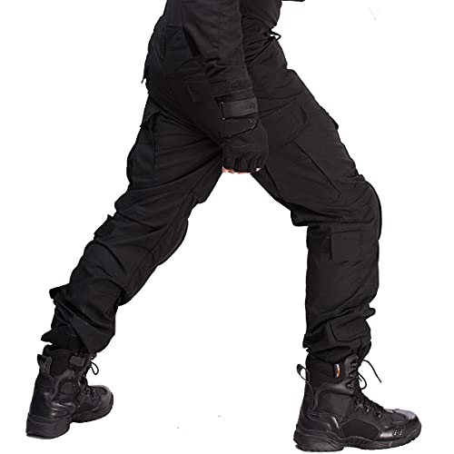 HAN·WILD Combat Pants Tactical Pant with Knee Pads Multicam Rip-Stop Trousers Airsoft Hunting Pants (Black, L)