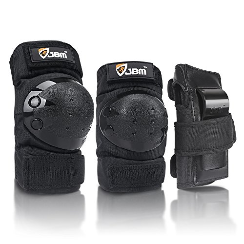 JBM international Adult / Child Knee Pads Elbow Pads Wrist Guards 3 In 1 Protective Gear Set, Black, Adult