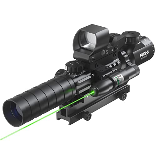 Pinty 4-in-1 Rifle Scope Combo, 3-9x32 Rangefinder Scope, Red & Green Dot Sight, Green Laser, 14 Slots Riser