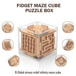 Fidget Puzzle Cube Toy for Adults - 6-Sided Wooden Brain Teaser Magic Cube for Anxiety Relief,Handheld Fidget Maze Cube IQ Balance Games for Travel,Birthday Gifts for Kids Men Teenage Boys