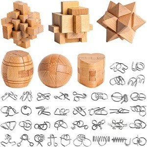 42 PCS Metal & Wooden Brain Teasers Puzzles Kit -Unlock Interlock Puzzles Box Coils for Adults Mind IQ Logic Test Disentanglement Games Educational Toys School Office Supplies WP10
