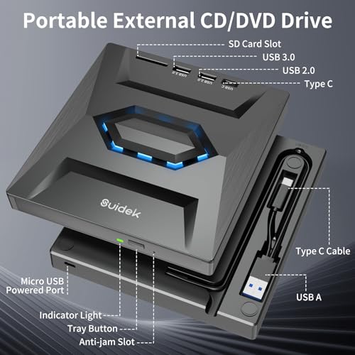 SUIDEK USB-C Portable CD/DVD Drive with Hub