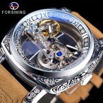 FORSINING Men's Luxury Square Carving Mechanical Watch, Retro Totem Double Sided Hollow Skeleton Self-Wind Automatic Watches, Vintage Leather Strap Wristwatch, Silver