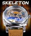 FORSINING Men's Luxury Square Carving Mechanical Watch, Retro Totem Double Sided Hollow Skeleton Self-Wind Automatic Watches, Vintage Leather Strap Wristwatch, Silver