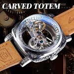 FORSINING Men's Luxury Square Carving Mechanical Watch, Retro Totem Double Sided Hollow Skeleton Self-Wind Automatic Watches, Vintage Leather Strap Wristwatch, Silver