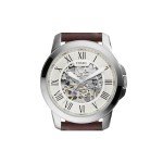 Fossil Men's Grant Automatic Stainless Steel and Leather Three-Hand Watch, Color: Silver, Brown (Model: ME3099)