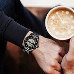 A ALPS Mens Watch Skeleton Luxury Mechanical Stainless Steel Waterproof Black Automatic Self-Winding Roman Numerals Diamond Dial Wrist Watch