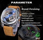 FORSINING Men's Luxury Square Carving Mechanical Watch, Retro Totem Double Sided Hollow Skeleton Self-Wind Automatic Watches, Vintage Leather Strap Wristwatch, Silver