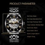 A ALPS Mens Watch Skeleton Luxury Mechanical Stainless Steel Waterproof Black Automatic Self-Winding Roman Numerals Diamond Dial Wrist Watch