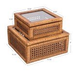 Creative Co-Op Modern Decorative Square Woven Rattan and Wood Display Boxes with Glass Top, Set of 2 Sizes, Dark Brown Finish