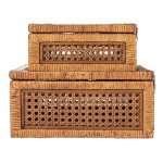 Creative Co-Op Modern Decorative Square Woven Rattan and Wood Display Boxes with Glass Top, Set of 2 Sizes, Dark Brown Finish