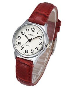 Top Plaza Womens Leather Watch,Fashion Casual Dress Watches,Roman Numerals Waterproof Quartz Ladies Black Wrist Watch (Red - Arabic Numerals)