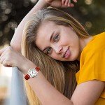 Top Plaza Womens Leather Watch,Fashion Casual Dress Watches,Roman Numerals Waterproof Quartz Ladies Black Wrist Watch (Red - Arabic Numerals)