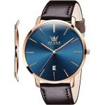 OLEVS Men's Watch Minimalist Ultra Thin Watches for Men Fashion Casual Analog Quartz Waterproof, Male Slim Simple Blue Face Big Dial Date Dress Wrist Watch with Genuine Leather Band for Men Dark Brown