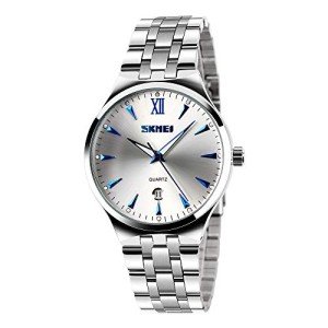 cofuo Mens Watch, Unique Quartz Analog Dress Business Casual Watches Stainless Steel Band Wrist Roman Numeral Waterproof Watch, Classic Calendar Date Window - Silver Blue