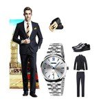 cofuo Mens Watch, Unique Quartz Analog Dress Business Casual Watches Stainless Steel Band Wrist Roman Numeral Waterproof Watch, Classic Calendar Date Window - Silver Blue