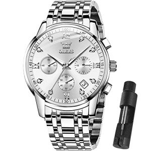 OLEVS Watch Men Silver Stainless Steel for Men Luxury Dimond Chronograph Casual with Date Waterproof Large Face Sport White Easy Read Men Quartz Analog Wristwatch Reloj De Hombre Luminous