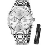 OLEVS Watch Men Silver Stainless Steel for Men Luxury Dimond Chronograph Casual with Date Waterproof Large Face Sport White Easy Read Men Quartz Analog Wristwatch Reloj De Hombre Luminous
