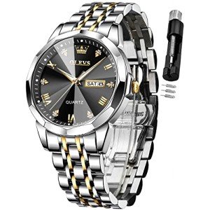 OLEVS Watch for Men Diamond Business Dress Analog Quartz Stainless Steel Waterproof Luminous Date Two Tone Luxury Casual Wrist Watch Black