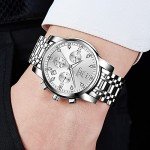OLEVS Watch Men Silver Stainless Steel for Men Luxury Dimond Chronograph Casual with Date Waterproof Large Face Sport White Easy Read Men Quartz Analog Wristwatch Reloj De Hombre Luminous