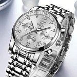 OLEVS Watch Men Silver Stainless Steel for Men Luxury Dimond Chronograph Casual with Date Waterproof Large Face Sport White Easy Read Men Quartz Analog Wristwatch Reloj De Hombre Luminous