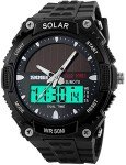 FANMIS Men's Solar Powered Casual Quartz Wrist Watch Analog Digital Multifunctional Black Sports Watch (Black)