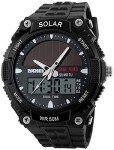 FANMIS Men's Solar Powered Casual Quartz Wrist Watch Analog Digital Multifunctional Black Sports Watch (Black)