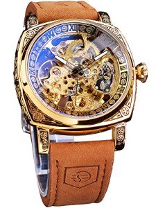 FORSINING Square Luxury Retro Mechanical Watch for Men, Gorgeous Hollow Skeleton Self-Wind Carved Automatic Watches Vintage Leather Strap Wristwatch