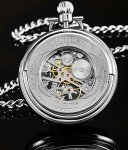 Stuhrling Original Men's Pocket Watch Stainless Steel Analog Skeleton Watch Hand Wind Mechanical Movement Stainless Steel Chain