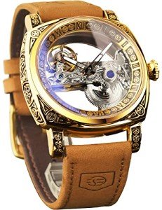 FORSINING Men's Luxury Square Carving Mechanical Watch, Retro Totem Double Sided Hollow Skeleton Self-Wind Automatic Watches, Vintage Leather Strap Wristwatch, Gold