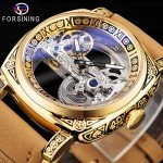 FORSINING Men's Luxury Square Carving Mechanical Watch, Retro Totem Double Sided Hollow Skeleton Self-Wind Automatic Watches, Vintage Leather Strap Wristwatch, Gold