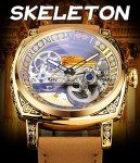 FORSINING Men's Luxury Square Carving Mechanical Watch, Retro Totem Double Sided Hollow Skeleton Self-Wind Automatic Watches, Vintage Leather Strap Wristwatch, Gold