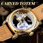 FORSINING Men's Luxury Square Carving Mechanical Watch, Retro Totem Double Sided Hollow Skeleton Self-Wind Automatic Watches, Vintage Leather Strap Wristwatch, Gold