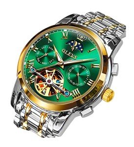 OLEVS Men Watch Automatic Mechanical Skeleton Moon Phase Dress Business Stainless Steel 3AT Waterproof Luminous Men Wrist Watch Green