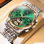 OLEVS Men Watch Automatic Mechanical Skeleton Moon Phase Dress Business Stainless Steel 3AT Waterproof Luminous Men Wrist Watch Green