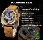 FORSINING Men's Luxury Square Carving Mechanical Watch, Retro Totem Double Sided Hollow Skeleton Self-Wind Automatic Watches, Vintage Leather Strap Wristwatch, Gold