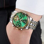 OLEVS Men Watch Automatic Mechanical Skeleton Moon Phase Dress Business Stainless Steel 3AT Waterproof Luminous Men Wrist Watch Green