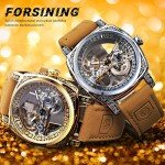 FORSINING Men's Luxury Square Carving Mechanical Watch, Retro Totem Double Sided Hollow Skeleton Self-Wind Automatic Watches, Vintage Leather Strap Wristwatch, Gold