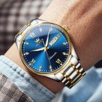 OLEVS Watch for Men Automatic Mechanical Self Winding Two Tone Stainless Steel Diamond Business Calendar Waterproof Luminous Wrist Watch Blue Dial