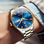 OLEVS Watch for Men Automatic Mechanical Self Winding Two Tone Stainless Steel Diamond Business Calendar Waterproof Luminous Wrist Watch Blue Dial
