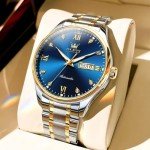 OLEVS Watch for Men Automatic Mechanical Self Winding Two Tone Stainless Steel Diamond Business Calendar Waterproof Luminous Wrist Watch Blue Dial